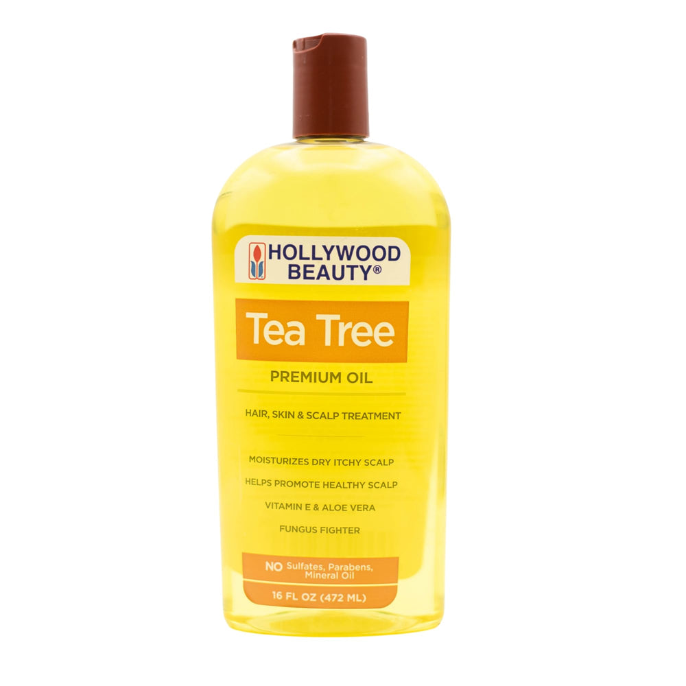 Hollywood Beauty Tea Tree Oil bottle pour for soothing scalp and versatile hair care