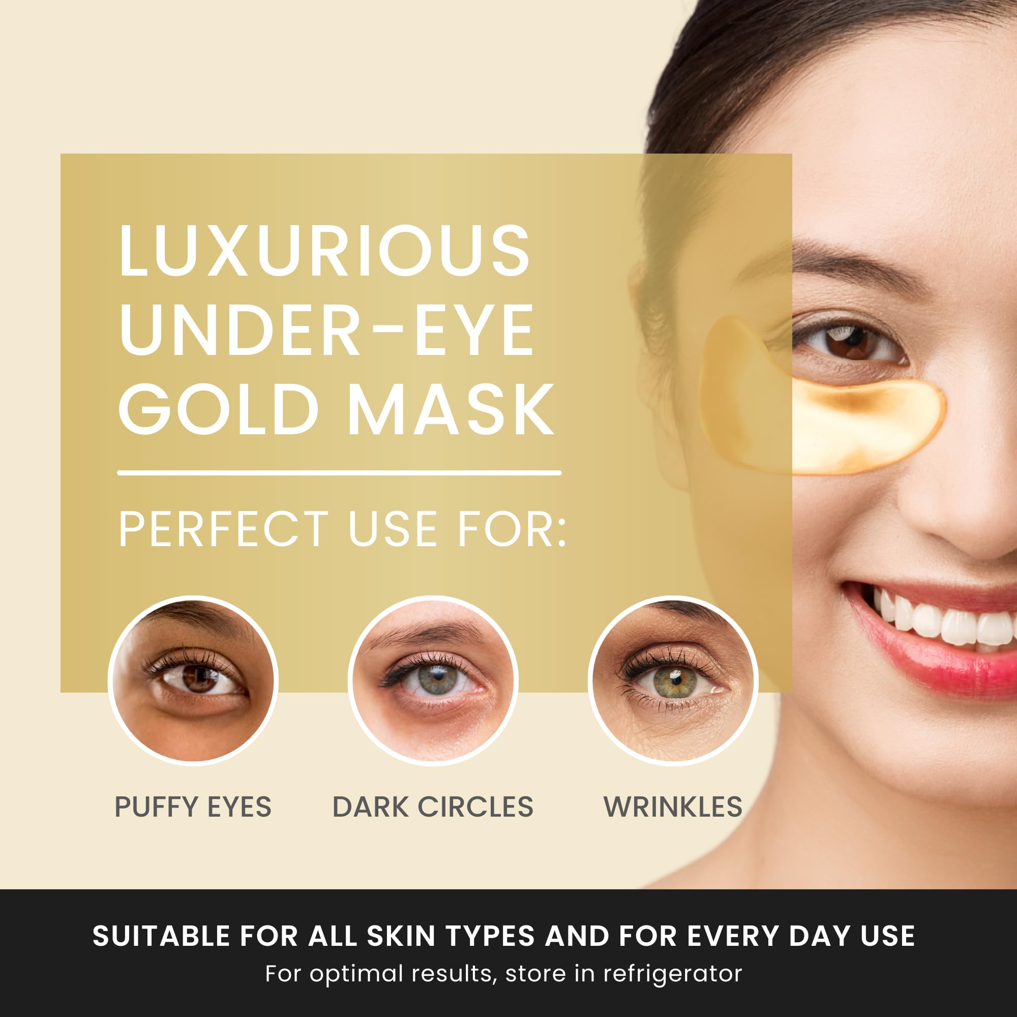 The Hollywood Eye 24K under-eye patches close-up showing gold-infused formula for rejuvenation.