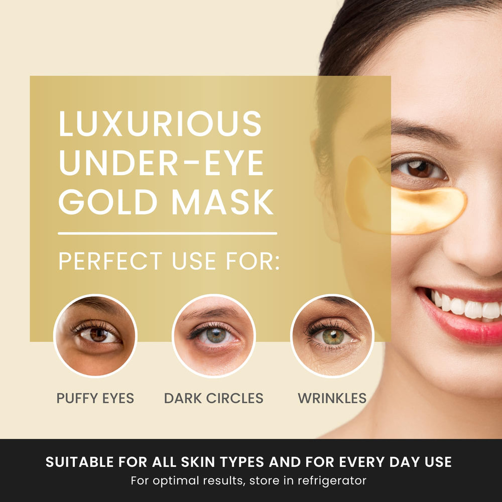 The Hollywood Eye 24K under-eye patches close-up showing gold-infused formula for rejuvenation.