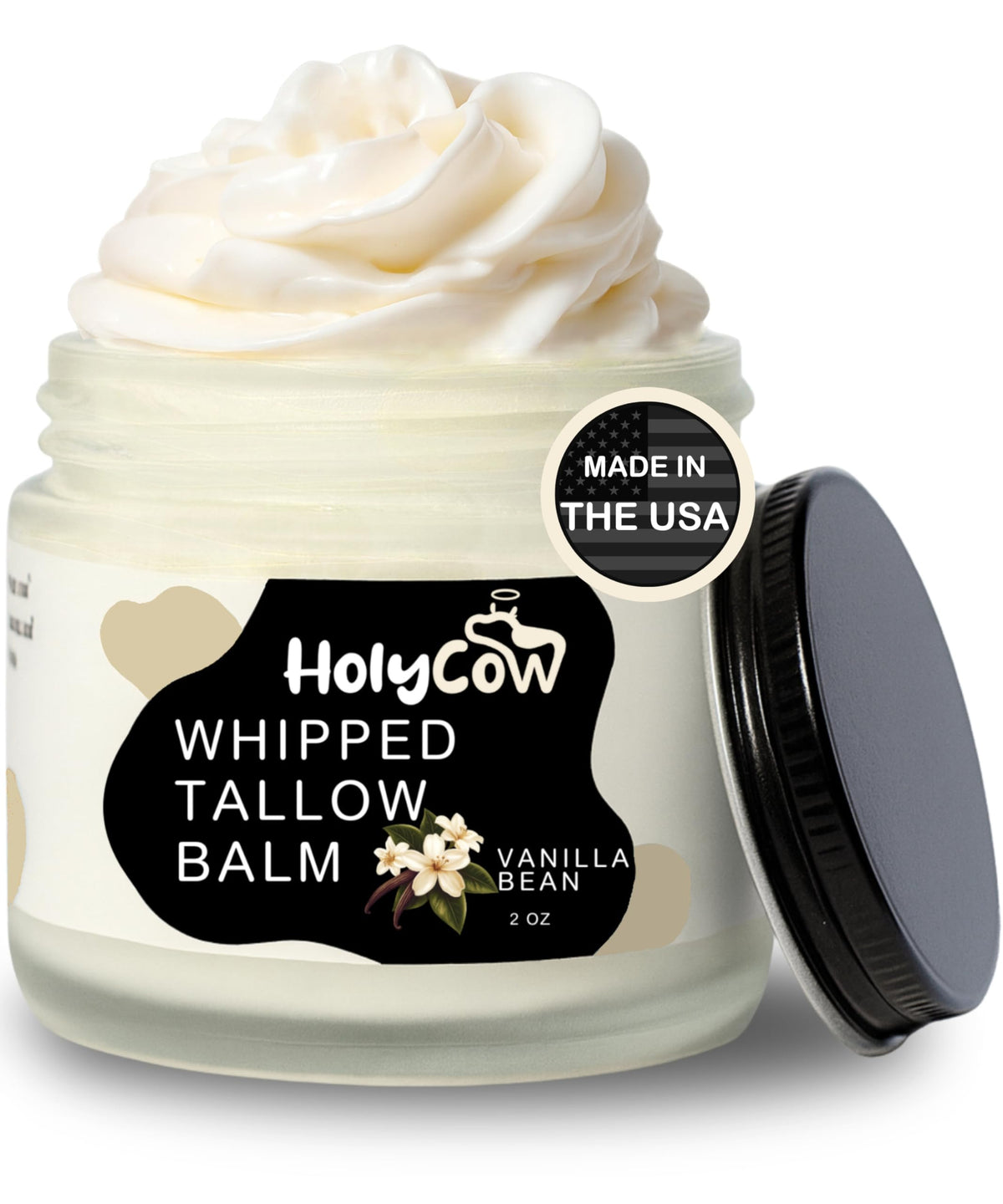 HolyCow Beef Tallow for Skin jar with whipped balm and lavender-rose notes.