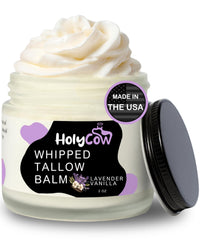 HolyCow beef tallow whipped balm jar close-up demonstrates creamy texture for deep hydration.