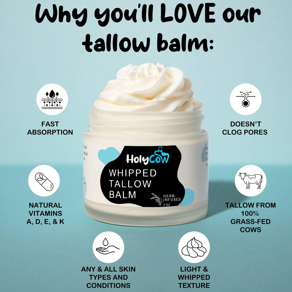 HolyCow Tallow ingredients with organic jojoba oil highlight natural nourishing base