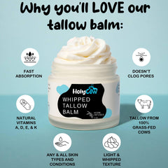 HolyCow Tallow ingredients with organic jojoba oil highlight natural nourishing base