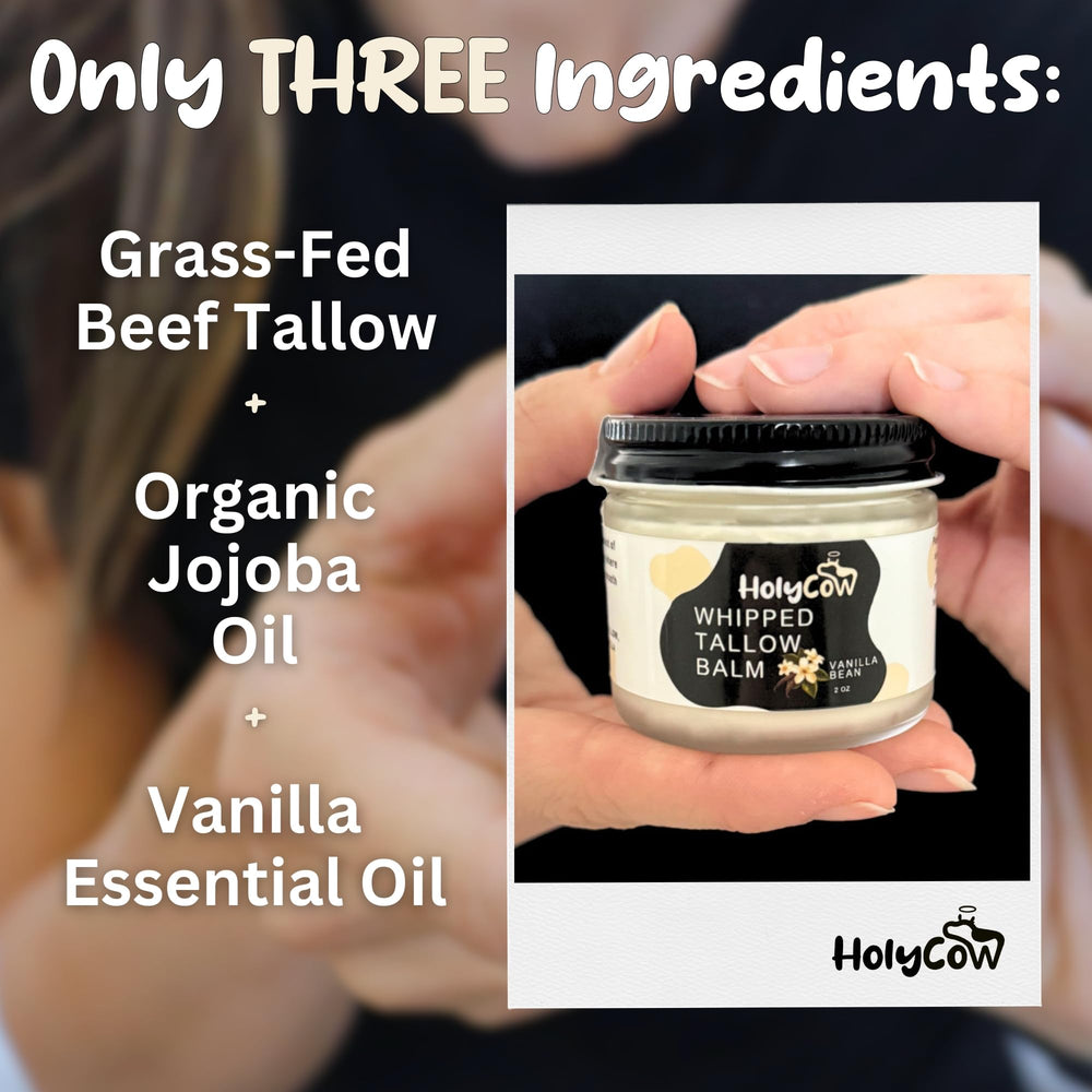 HolyCow whipped tallow balm being applied to skin for hydration.