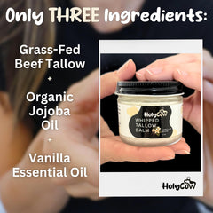 HolyCow whipped tallow balm being applied to skin for hydration.