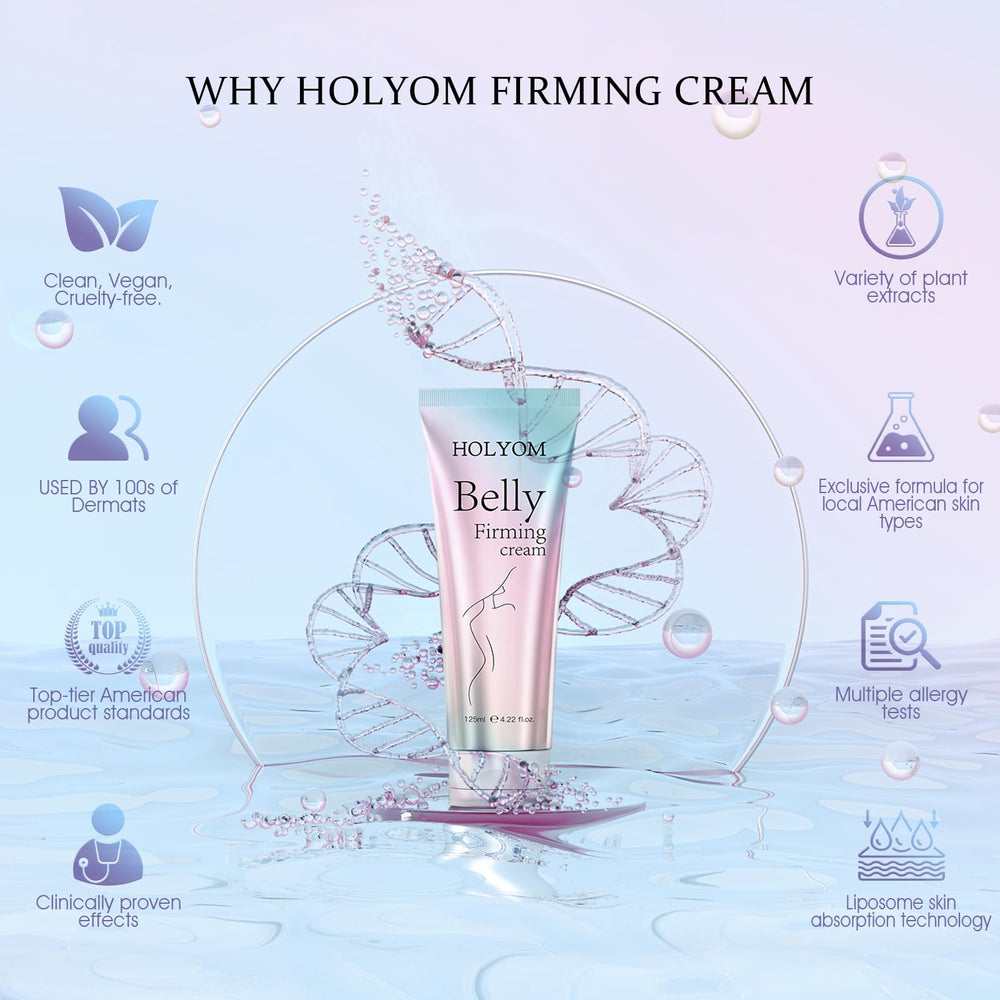 HOLYOM B Flat Belly Firming Cream bottle-closeup highlights premium skincare formula and clean packaging.