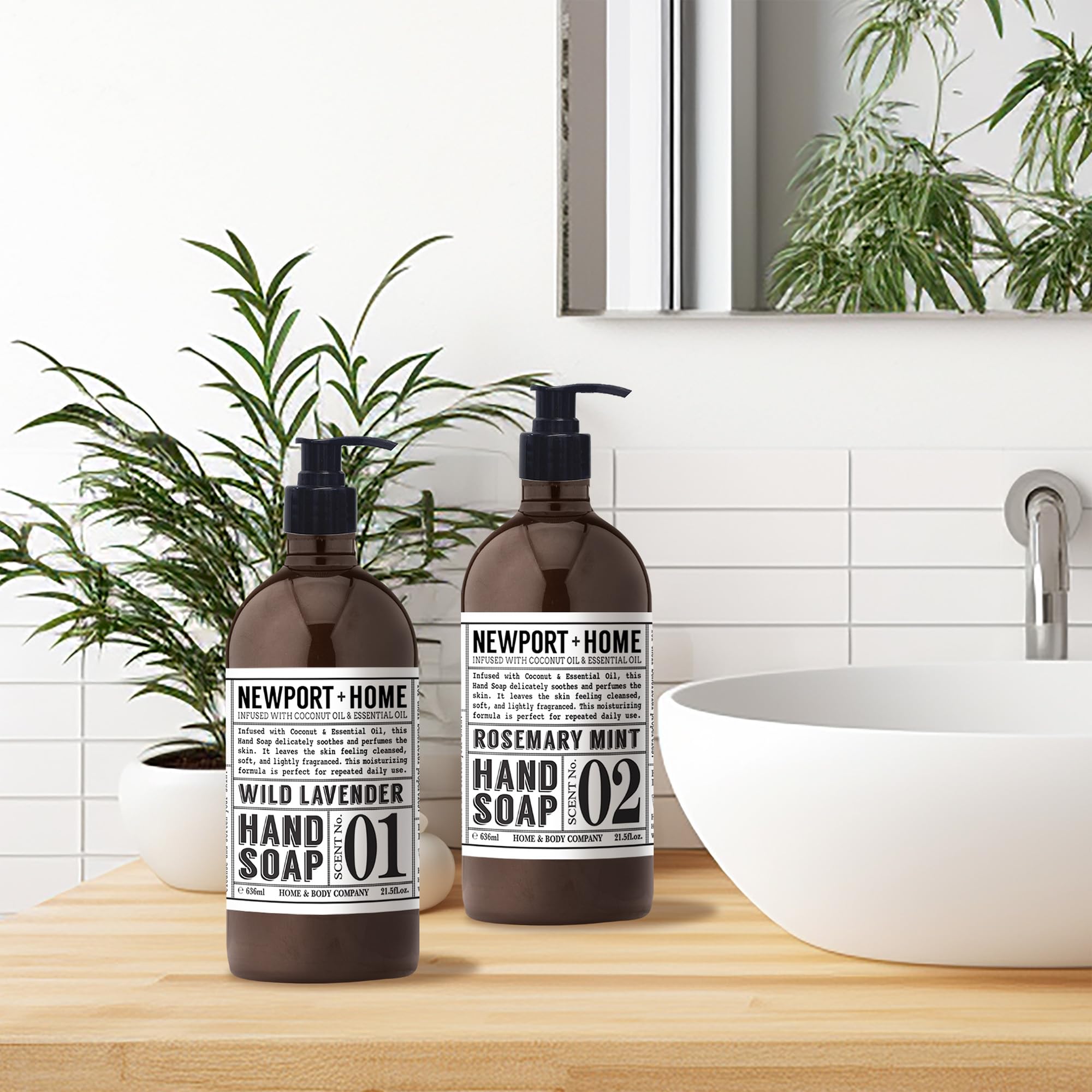 Newport Home Hand Soap Rosemary Mint bottle close-up shows fresh cleansing routine.