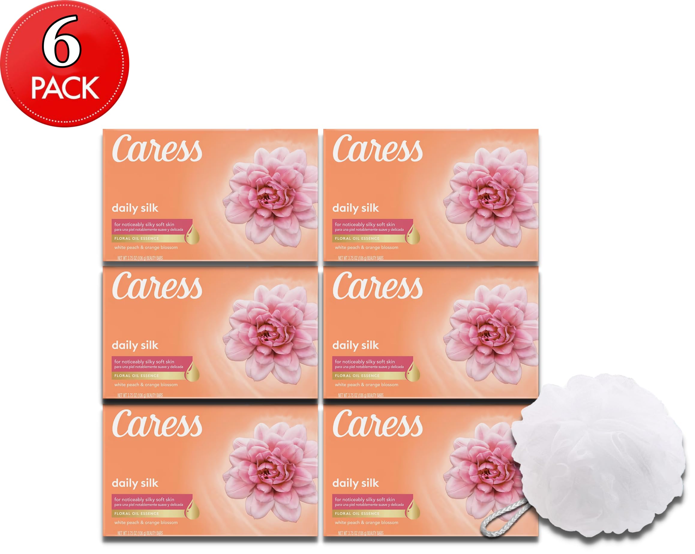 Home Sweet Bundles Caress Daily Silk bar and sponge bundle shows silky lather for skin.