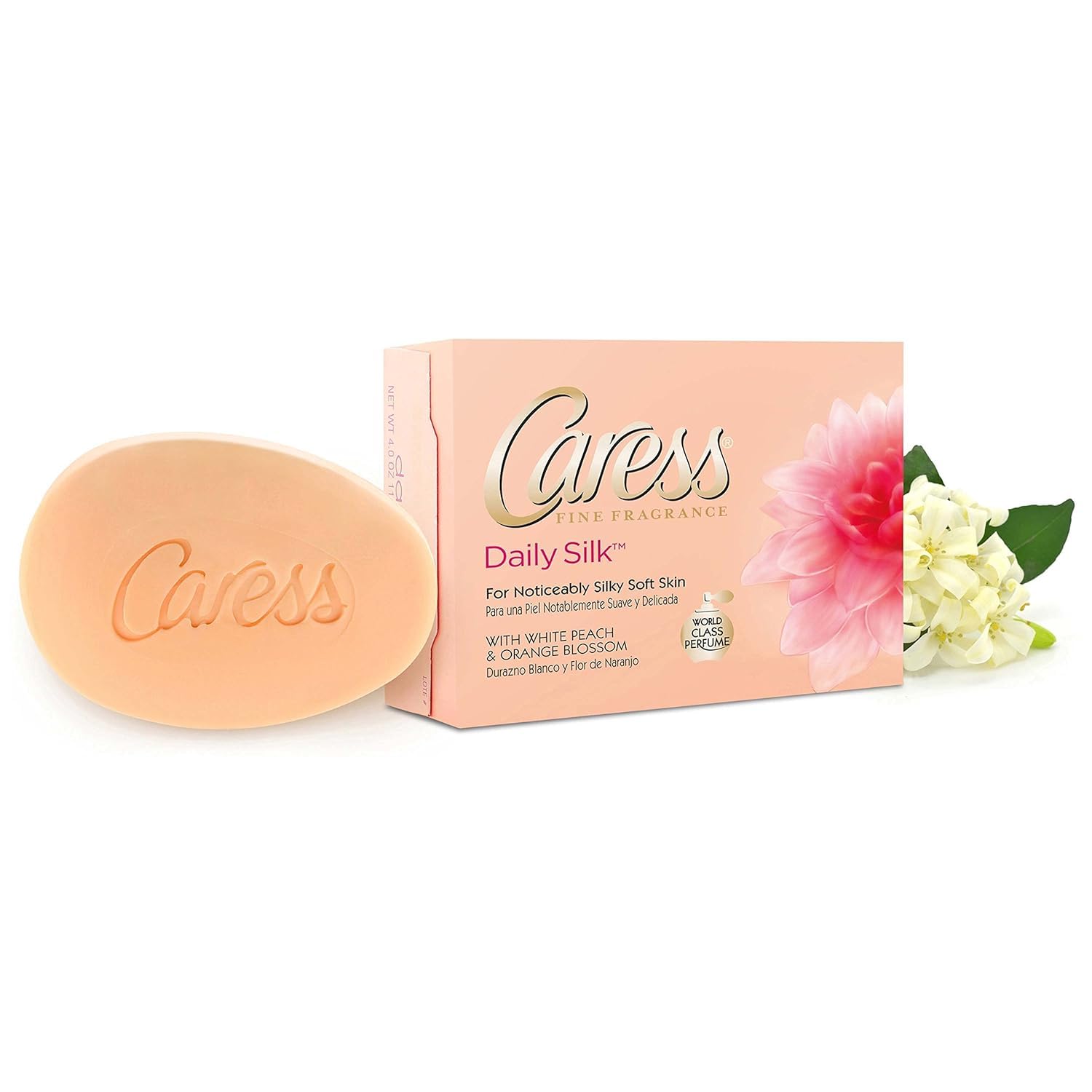 Home Sweet Bundles Caress Daily Silk bar close-up highlights white peach and orange blossom fragrance.