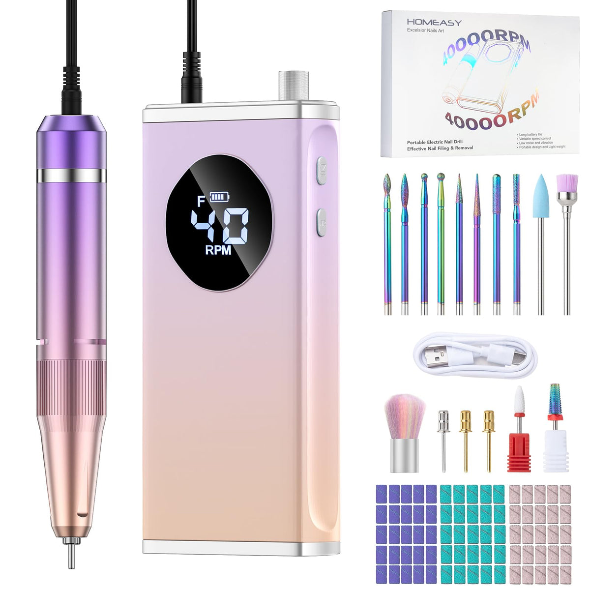 homeasy electric nail drill 40000rpm front view for fast gel or acrylic removal.