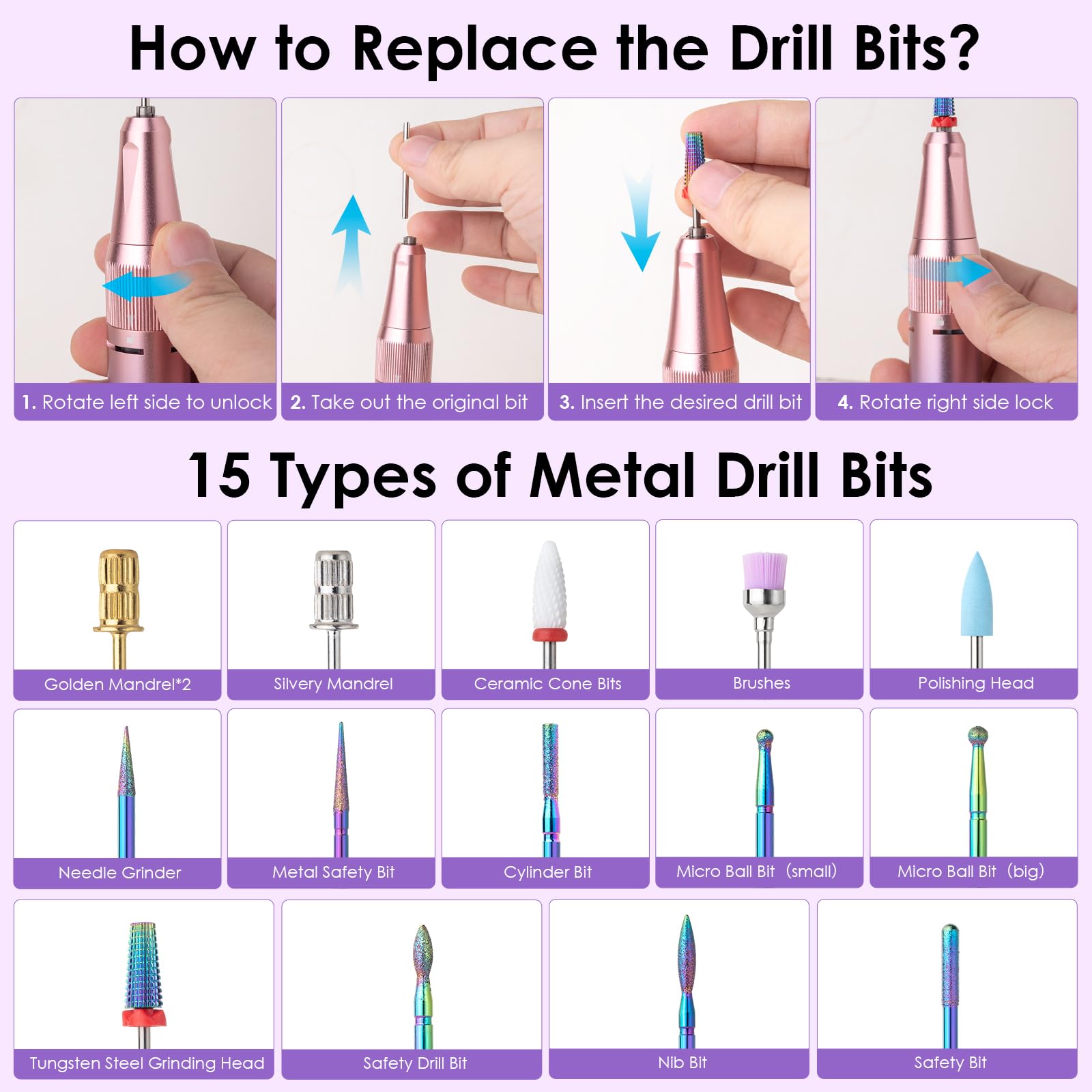 homeasy all-in-one nail e-file kit with 15 bits for versatility.