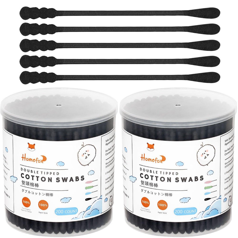 HOMEFOX black cotton swabs with spiral round-head for gentle daily cleaning.
