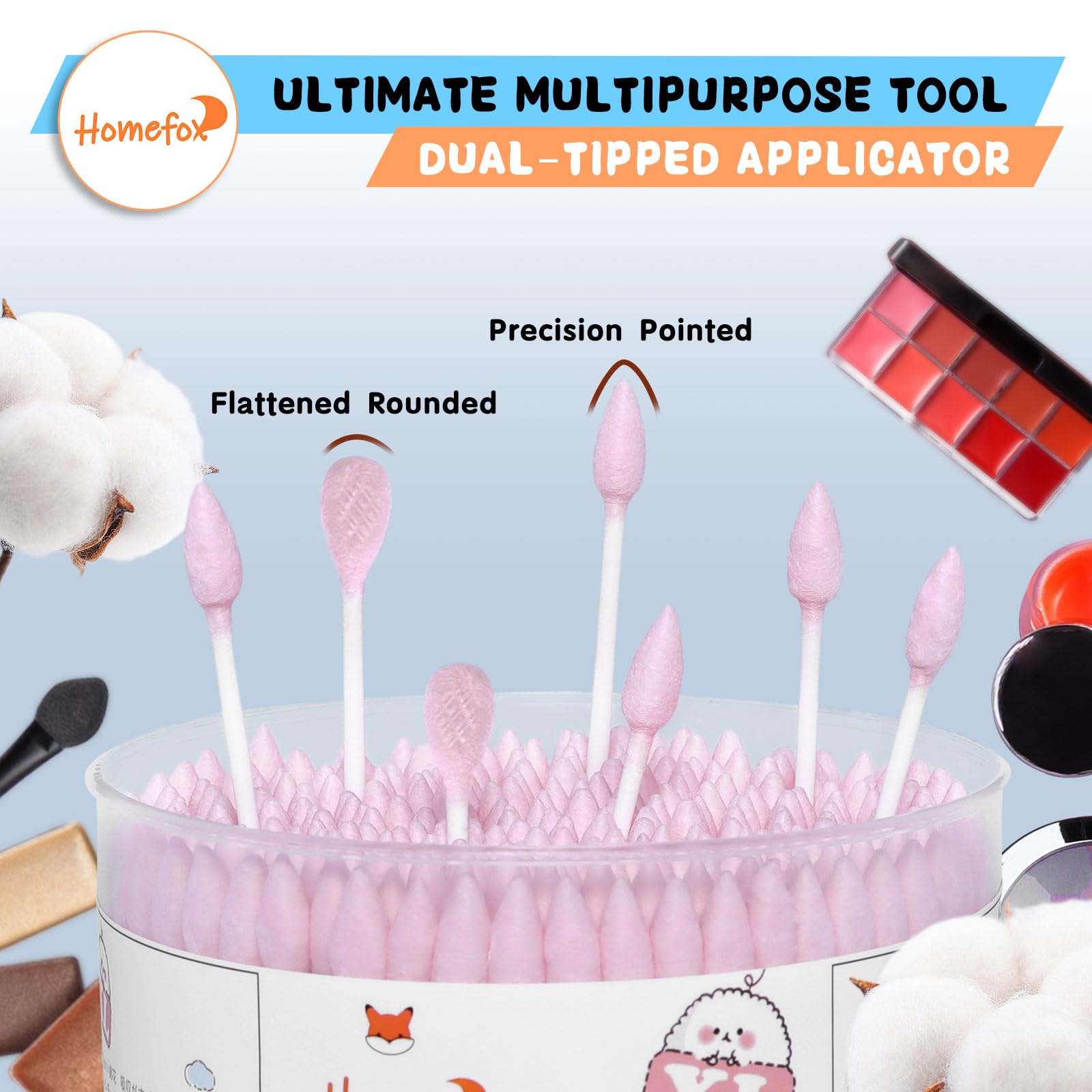 HOMEFOX cotton swabs precision pointed-tip for tight-spot makeup tasks.