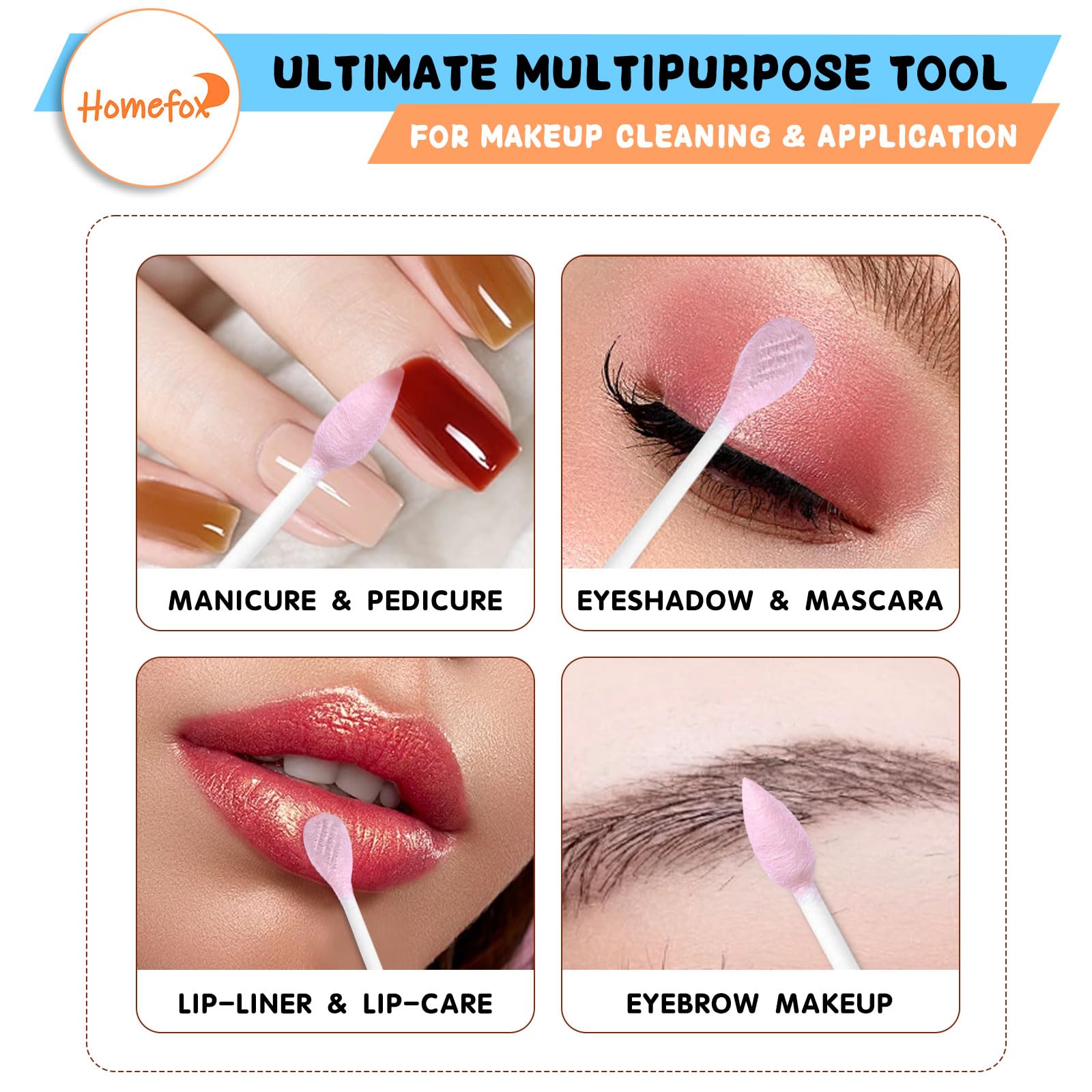 HOMEFOX lint-free cotton swabs minimize fibers during makeup tasks.