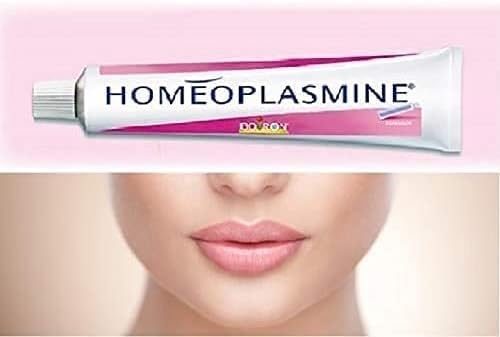Homeoplasmine XL cream swatch on lips for gentle care.