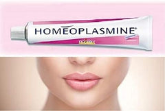 Homeoplasmine XL cream swatch on lips for gentle care.
