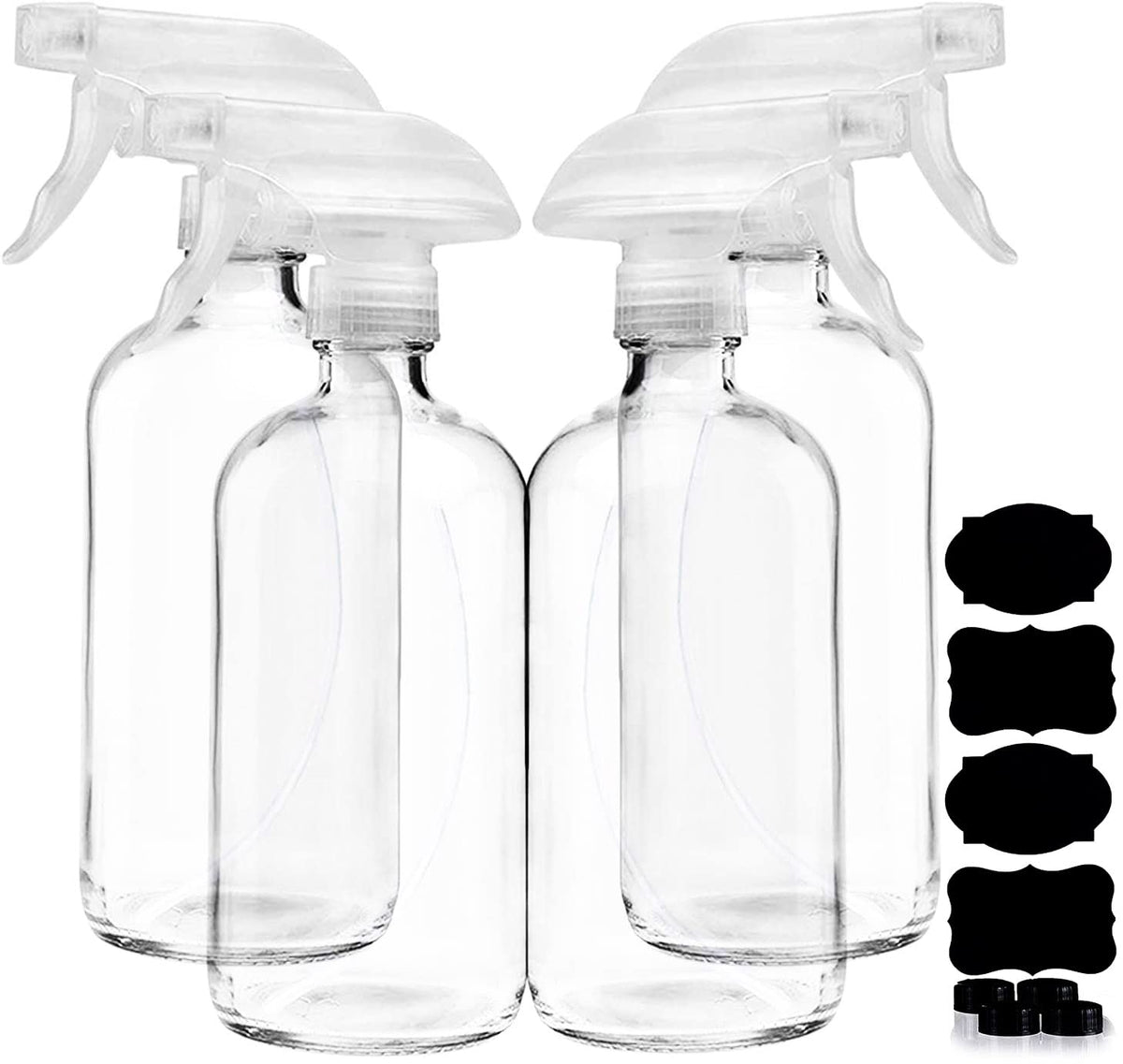 Homeries clear glass spray bottle 16oz 4-pack highlights UV protection for liquids.