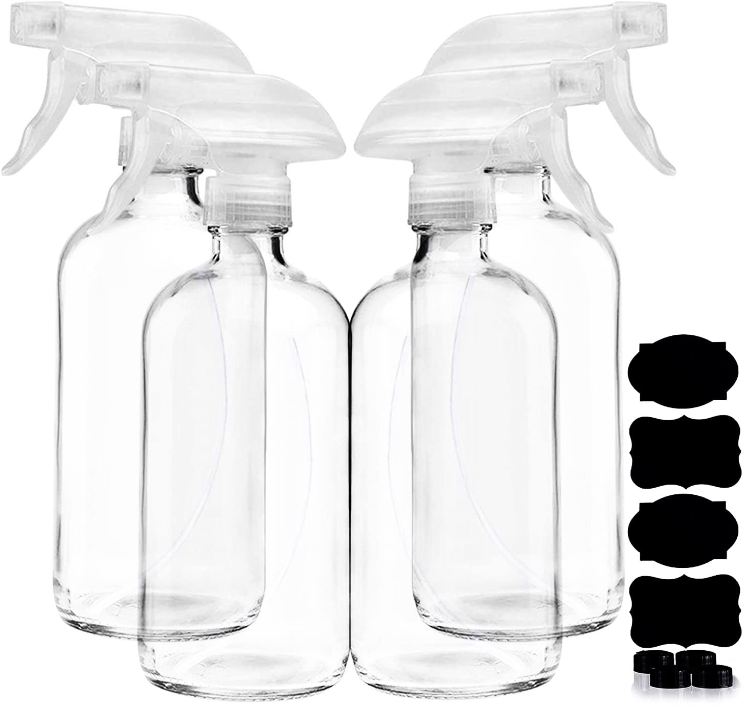 Homeries clear glass spray bottle 16oz 4-pack highlights UV protection for liquids.