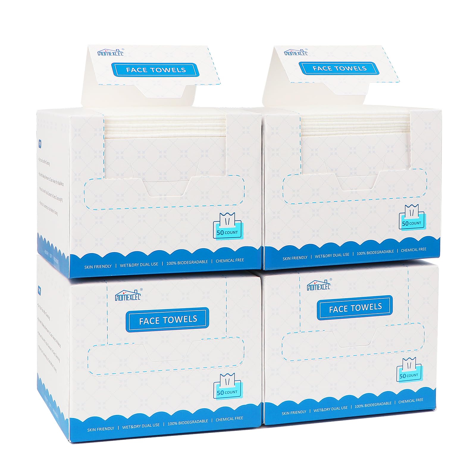 HOMEXCEL face towels 200-count box for everyday cleansing and makeup removal.