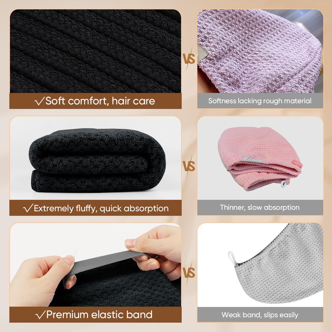 HOMEXCEL hair towel wrap black 40x20 long-hair use-ready wrap for efficient post-shower care.