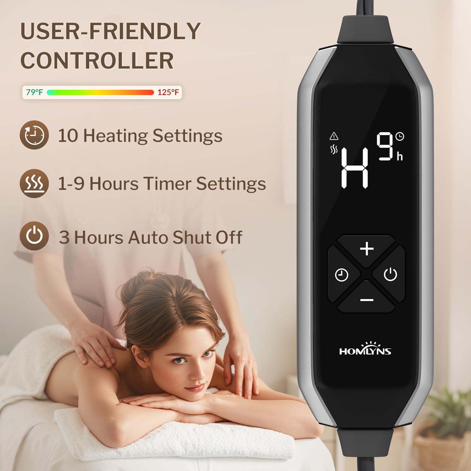 HOMLYNS LuxeHeat rapid heating quickly reaches comfortable warmth.