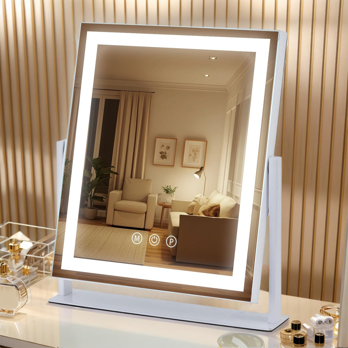 Homtang LED vanity mirror on a desk with stable U-shaped base for steady makeup prep