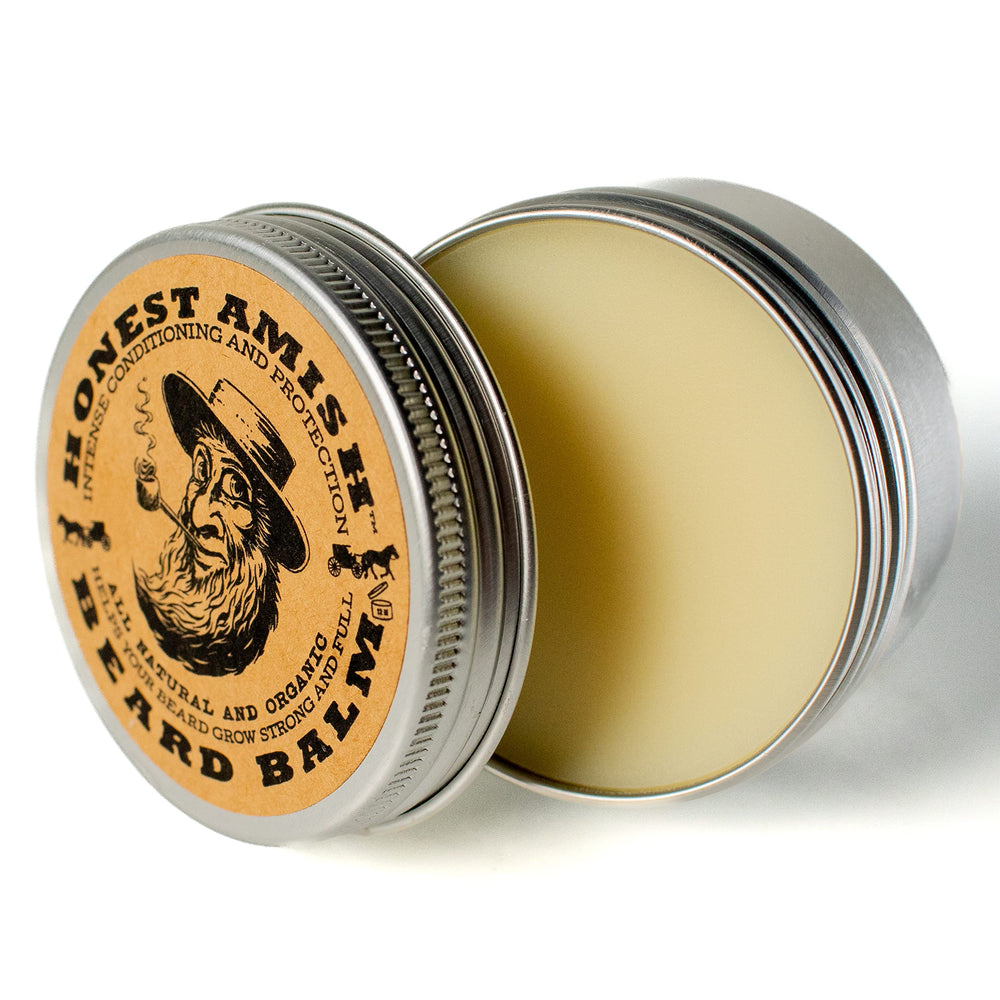 Honest Amish Beard Balm organic ingredients label highlights natural formula for daily use.