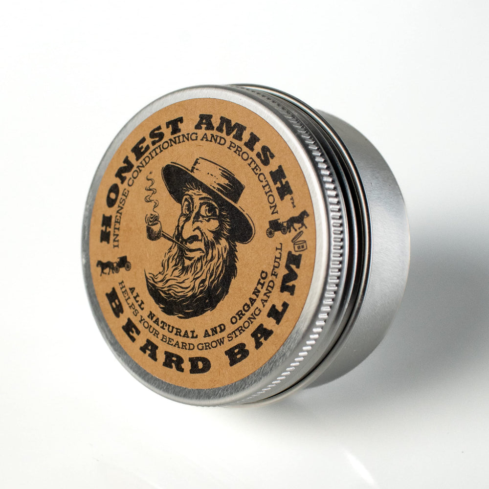 Honest Amish Beard Balm softens coarse hairs for a smoother beard in close-up view.