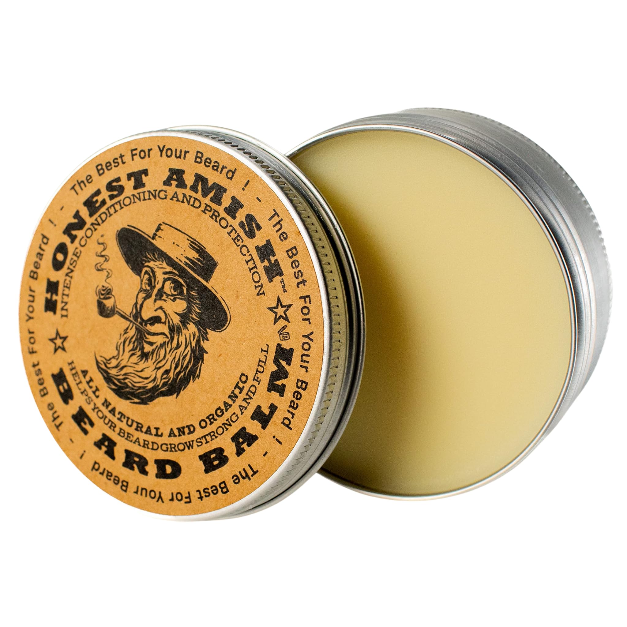 Honest Amish beard balm tin application shows smooth finish and frizz reduction