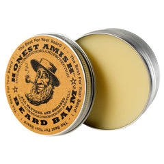 Honest Amish beard balm tin application shows smooth finish and frizz reduction