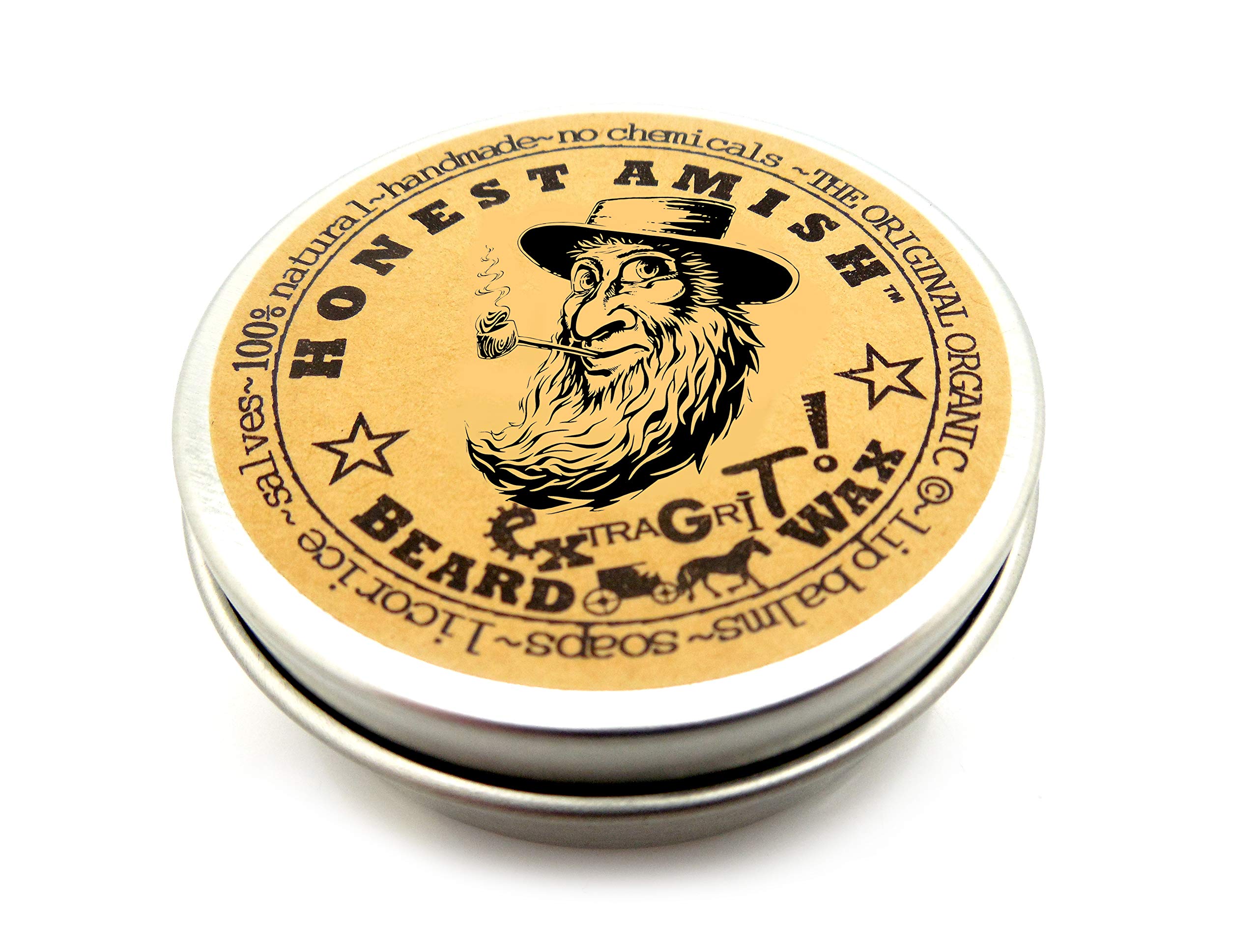 Honest Amish Extra Grit beard wax bottle showing natural hold for beard control.