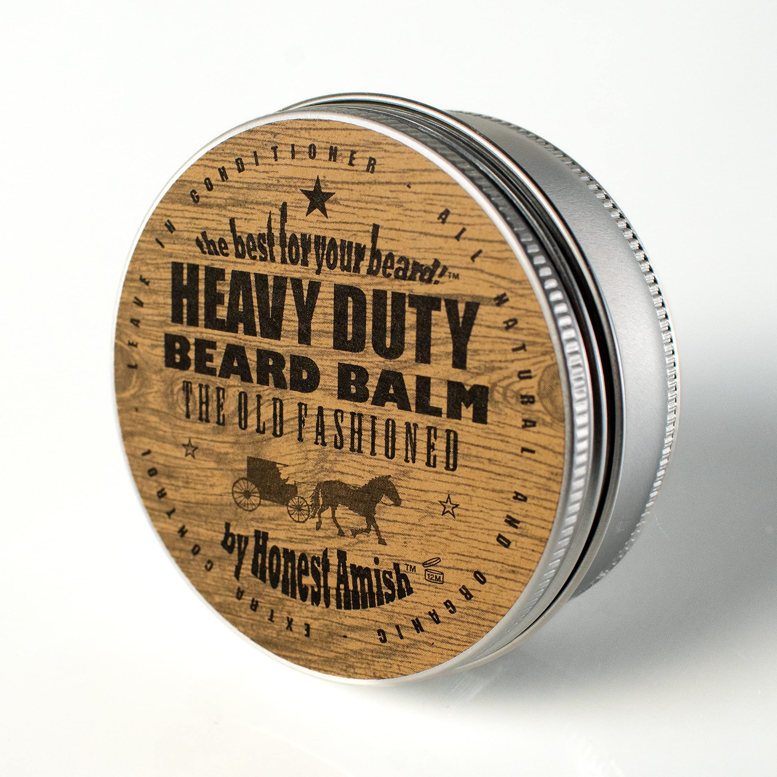 Honest Amish Heavy Duty Beard Balm application image highlights conditioning for reduced breakage.