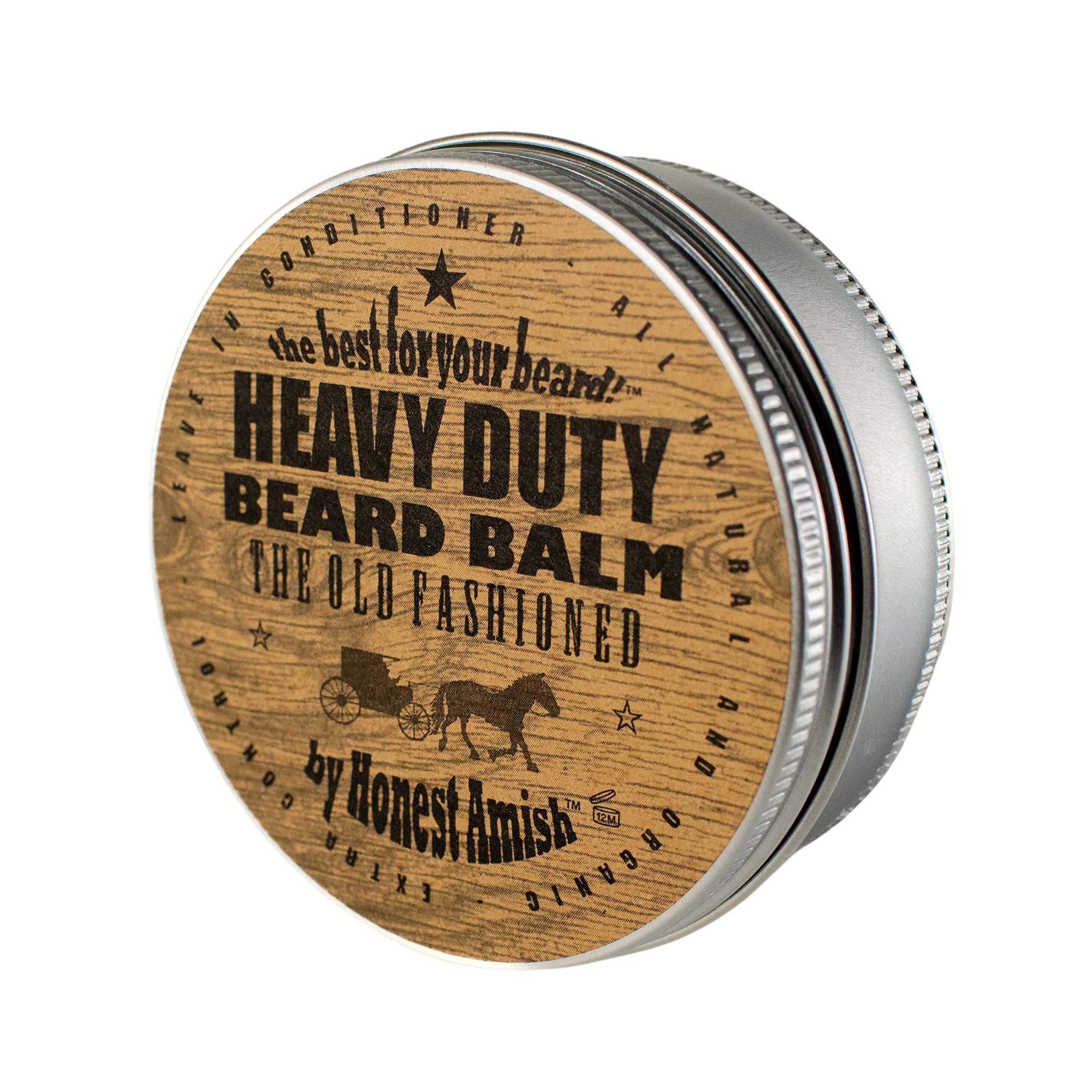 Honest Amish Heavy Duty Beard Balm twist tin shows all-natural formula that softens and tames beard hairs.
