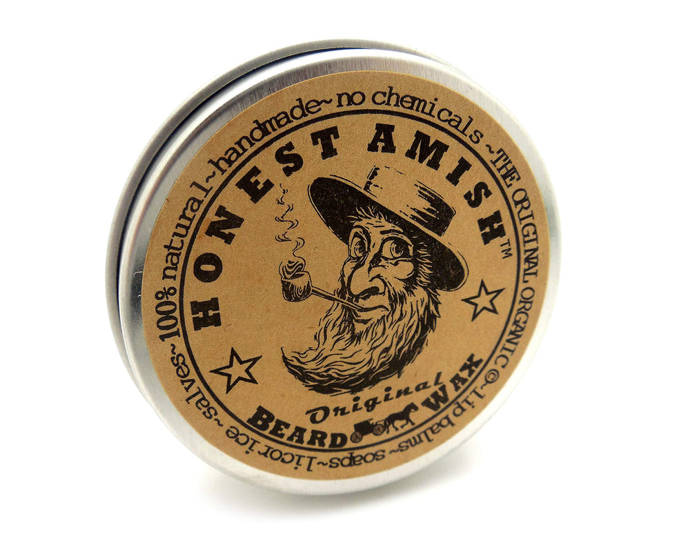 Honest Amish Original Beard Wax packaging highlights natural ingredients.