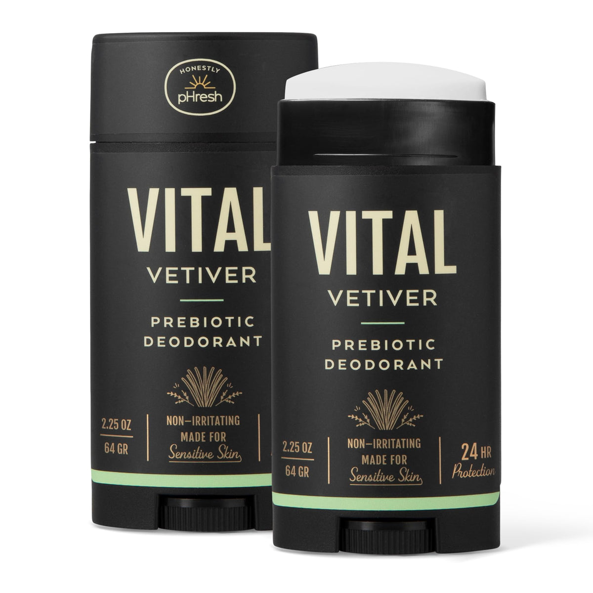 Honestly pHresh Vital Vetiver bottle shows aluminum-free deodorant for all-day freshness.