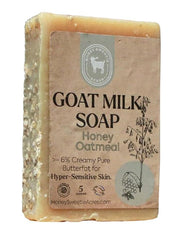 Honey Sweetie Acres honey-oatmeal-goat-milk-soap-bar-5oz image shows the bar ready for use, moisturizing cleanse possible.