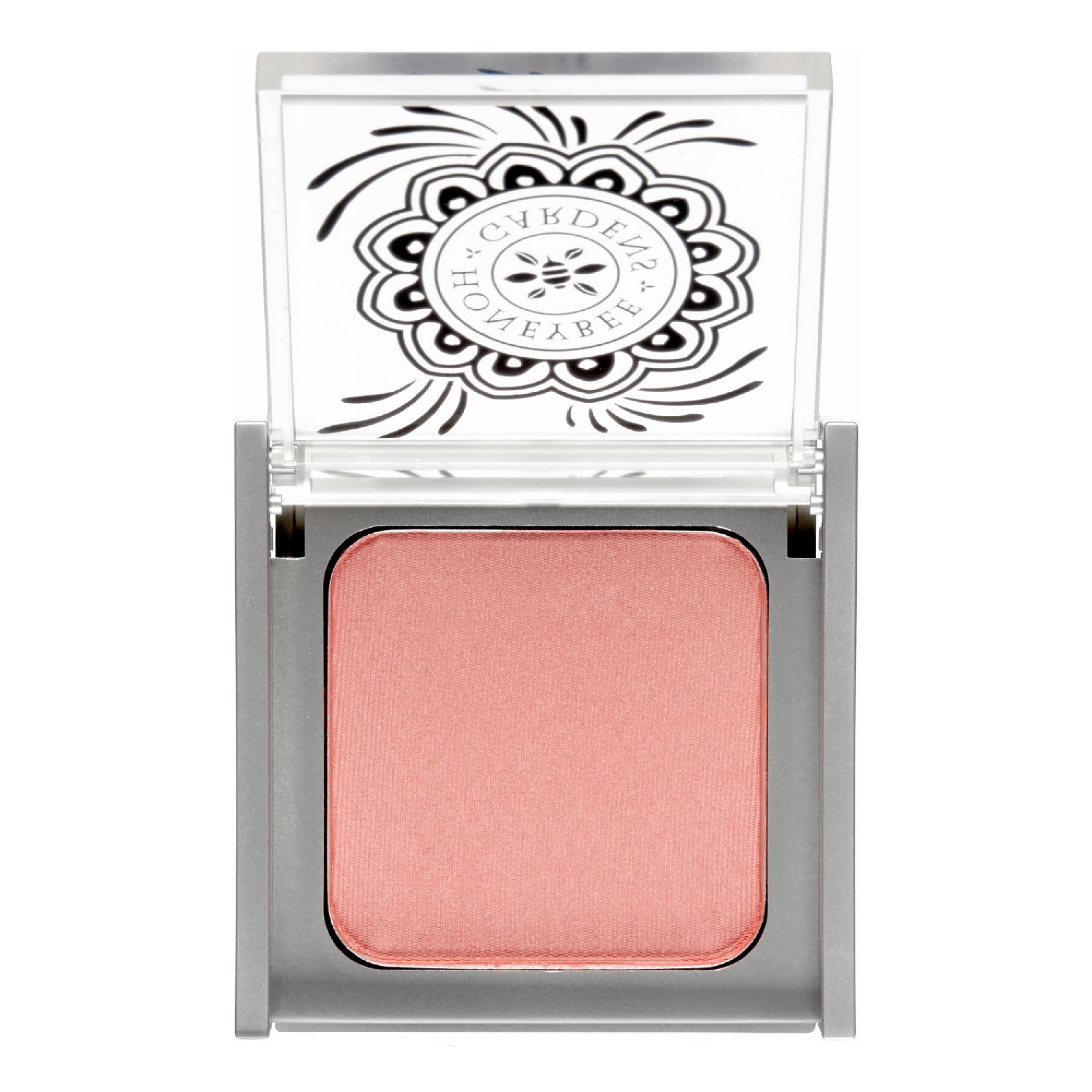 Honeybee Gardens blush Rendezvous powder close-up showing rich pigment for a natural rosy glow.