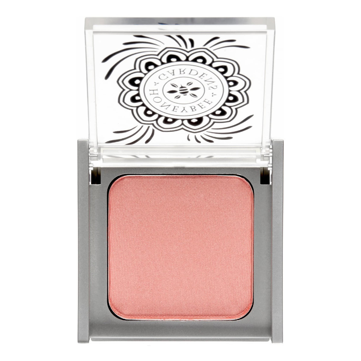Honeybee Gardens blush Rendezvous powder close-up showing rich pigment for a natural rosy glow.
