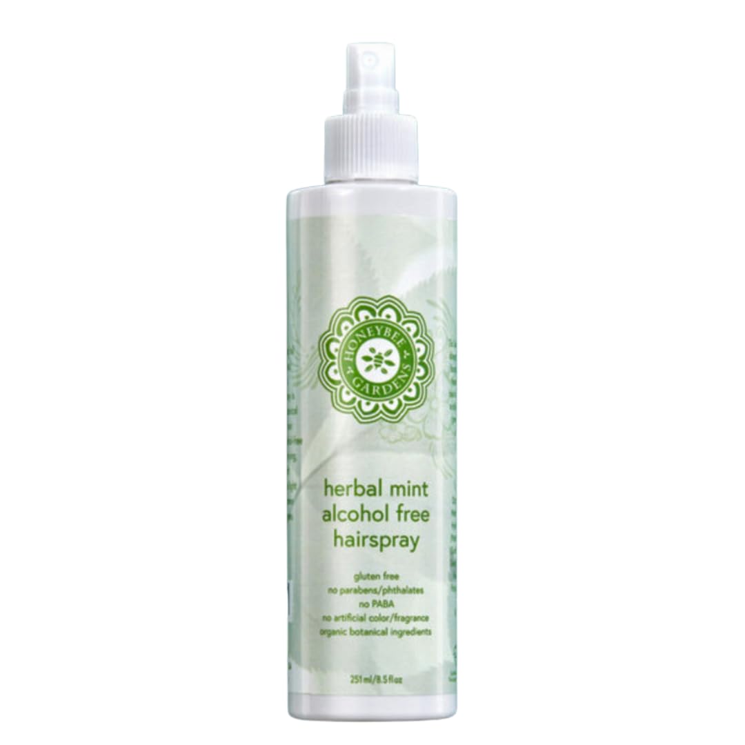 Honeybee Gardens Hair Spray Herbal Mint bottle delivers non-drying, flexible hold.