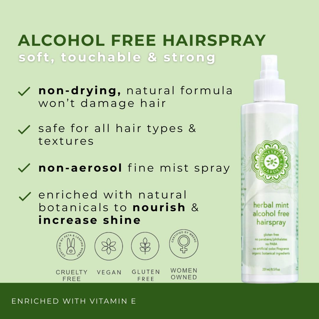 Honeybee Gardens Hair Spray Herbal Mint mist for all-day shaping and shine.
