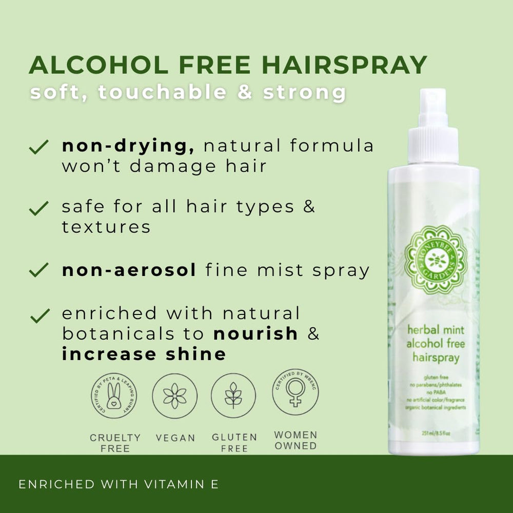 Honeybee Gardens Hair Spray Herbal Mint mist for all-day shaping and shine.