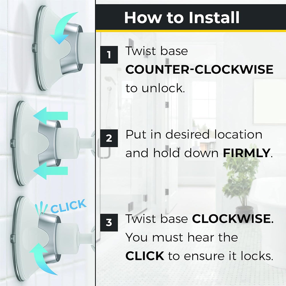 HoneyBULL easy-install twist-to-lock suction makes quick bathroom setup.