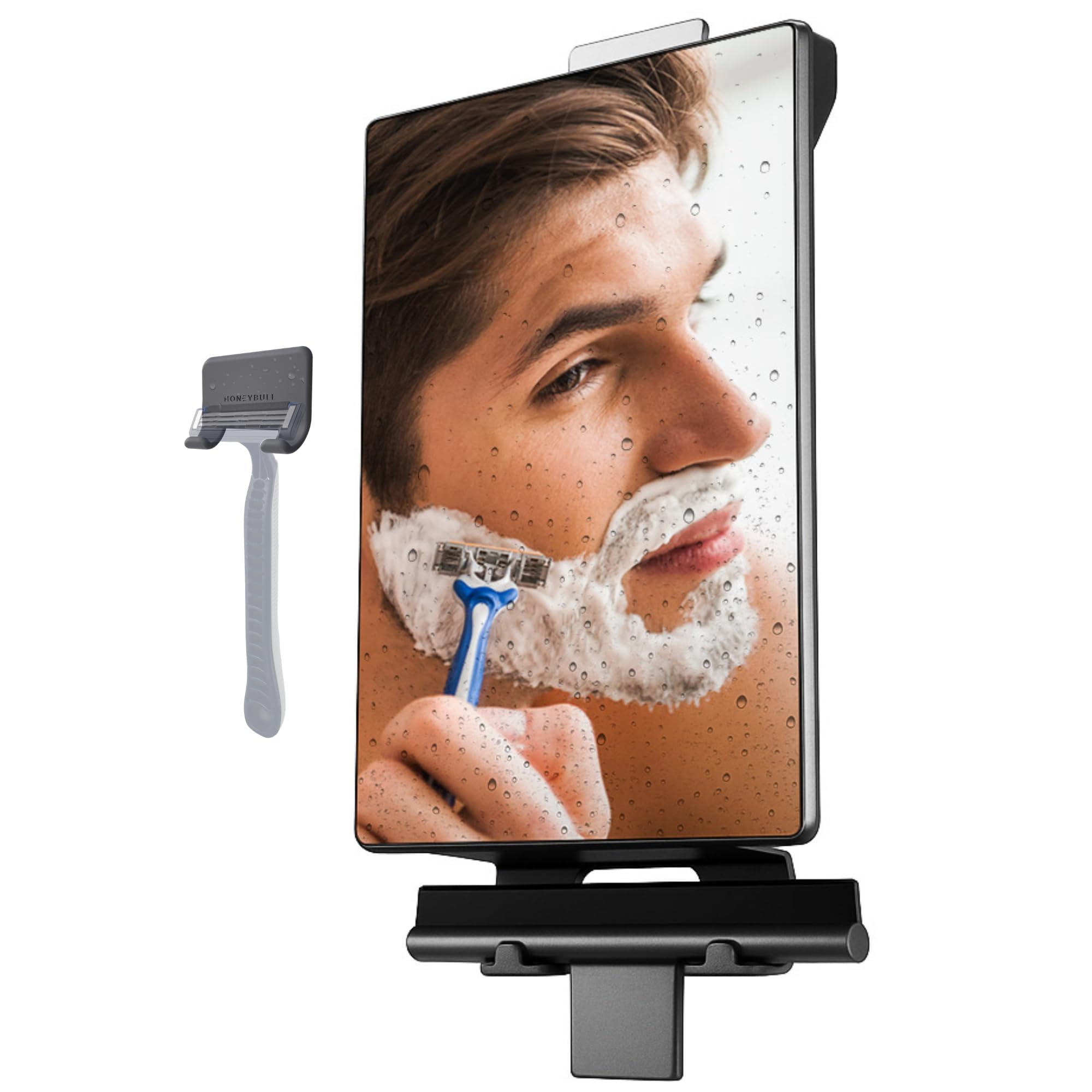 HoneyBULL fogless shower mirror for shaving delivers a clear view in steam