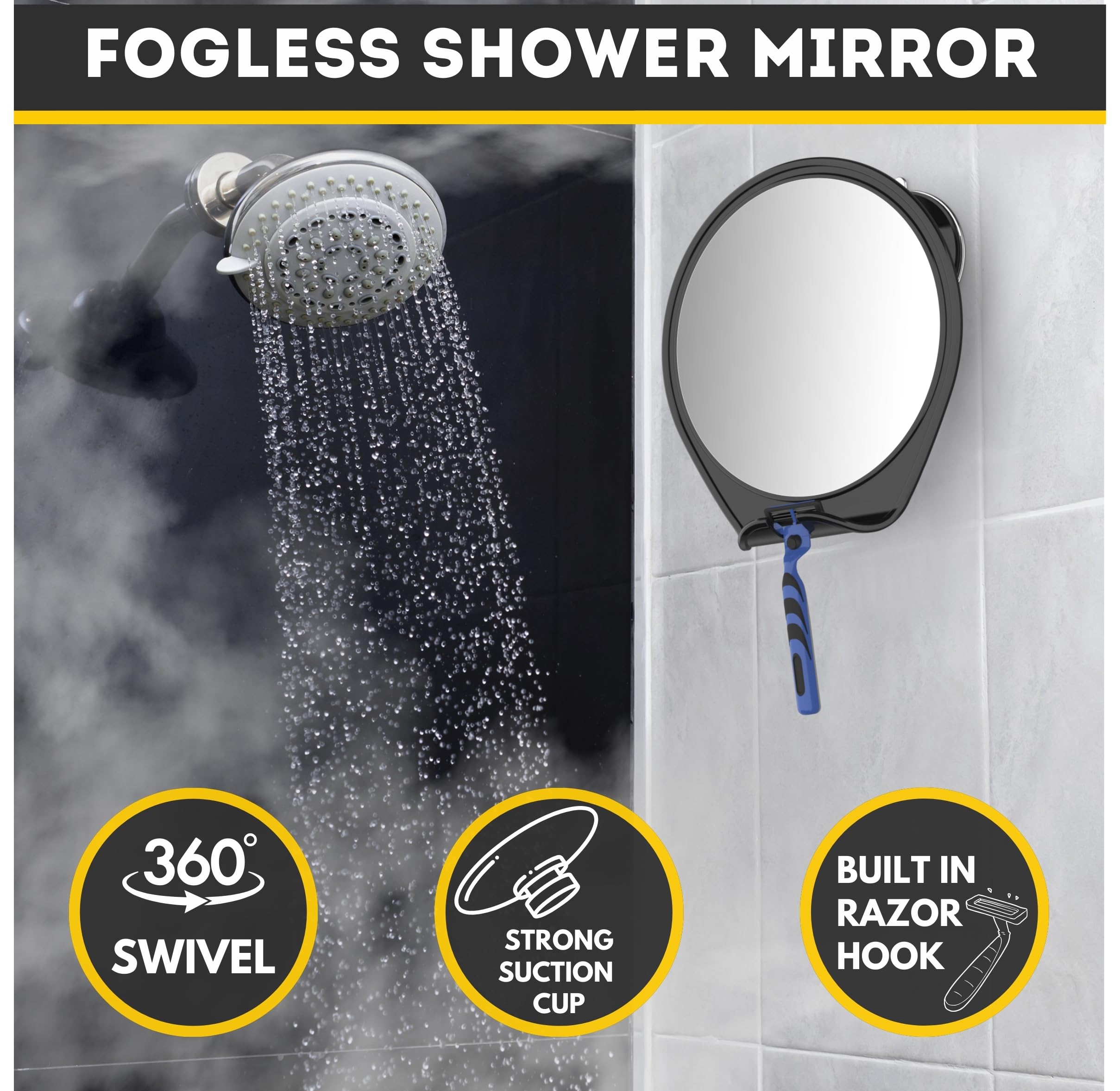HONEYBULL shower mirror installation DIY shows drill-free setup on smooth surfaces.