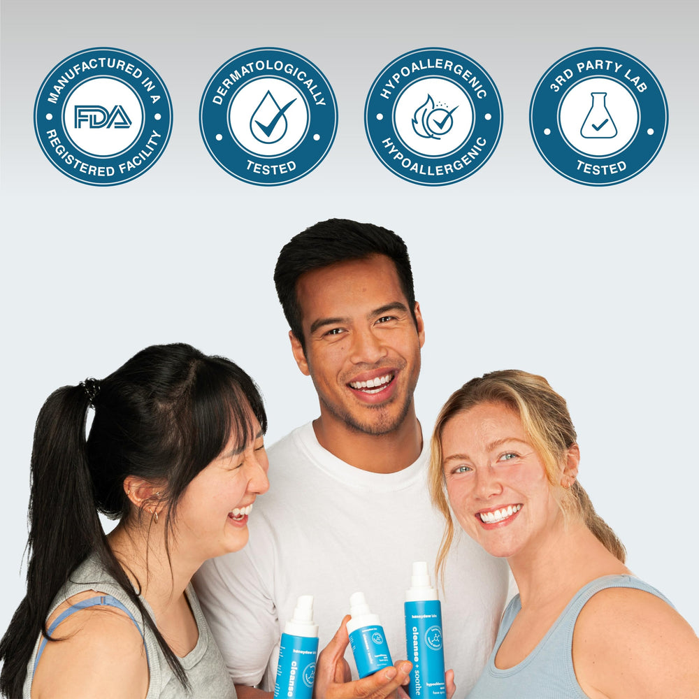 Honeydew Labs HOCl spray NEA seal on label signals dermatologist-tested credibility.
