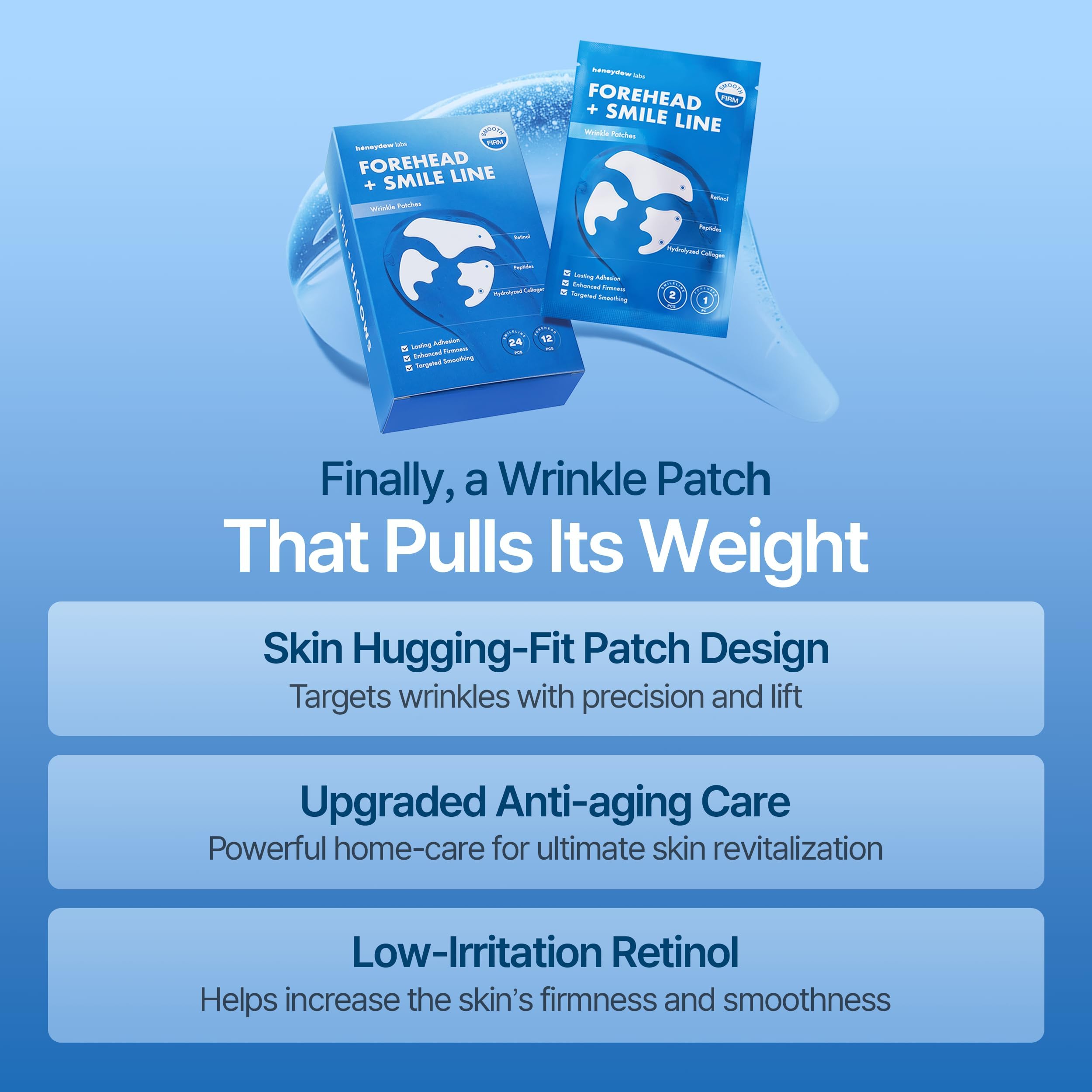 Honeydew Labs overnight skincare routine shows patches applied to face.