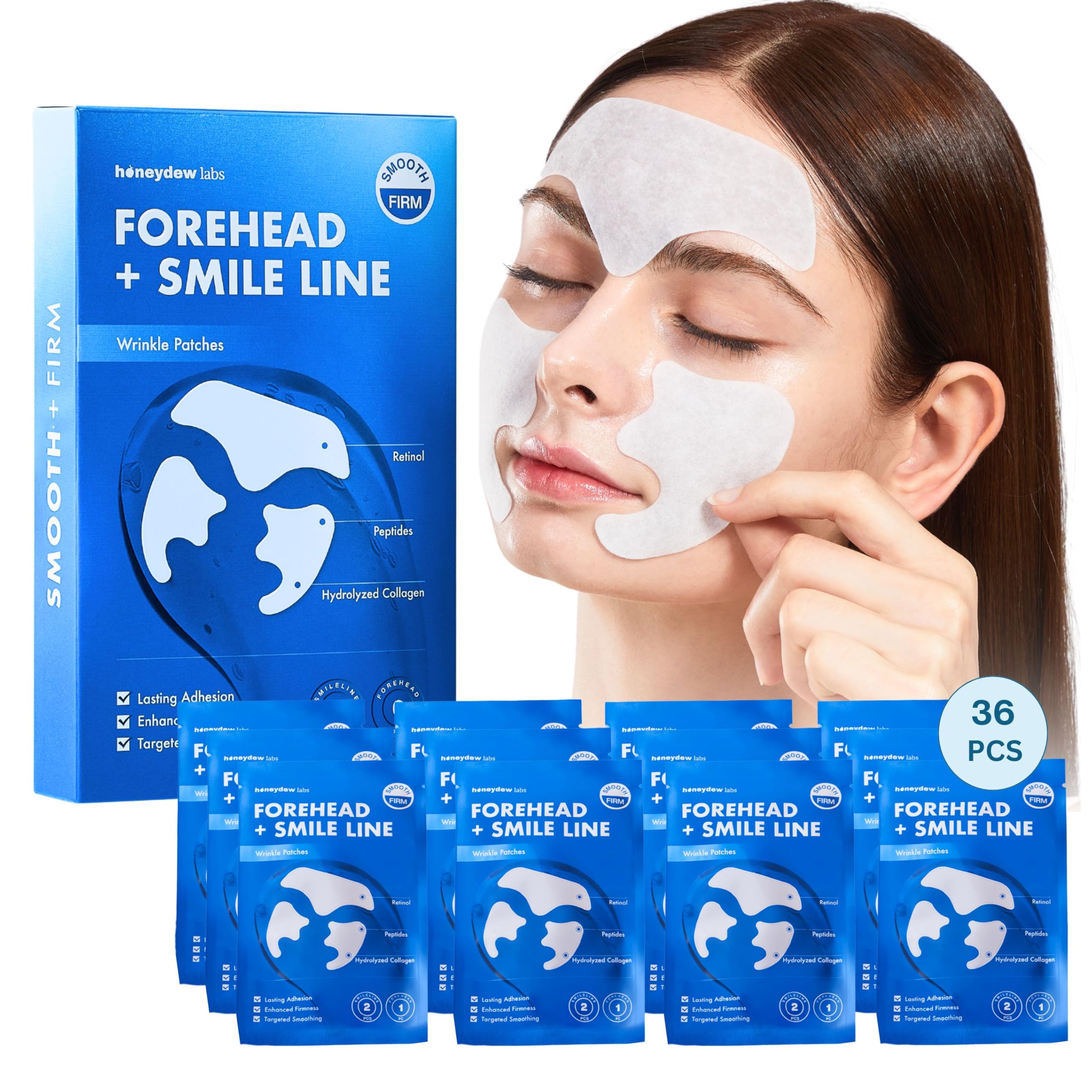 Honeydew Labs forehead patch applied for smoothing and hydration overnight.