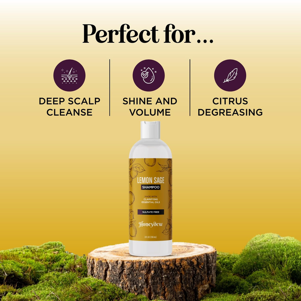 Honeydew Lemon Sage Shampoo color-treated hair image shows color-safe formula.