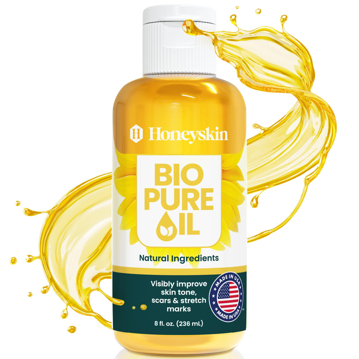 Honeyskin Bio Pure Body Oil bottle for daily hydration and scar care.