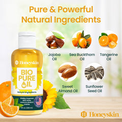 Honeyskin Bio Pure Body Oil pump-dispenser in action for quick moisturization.